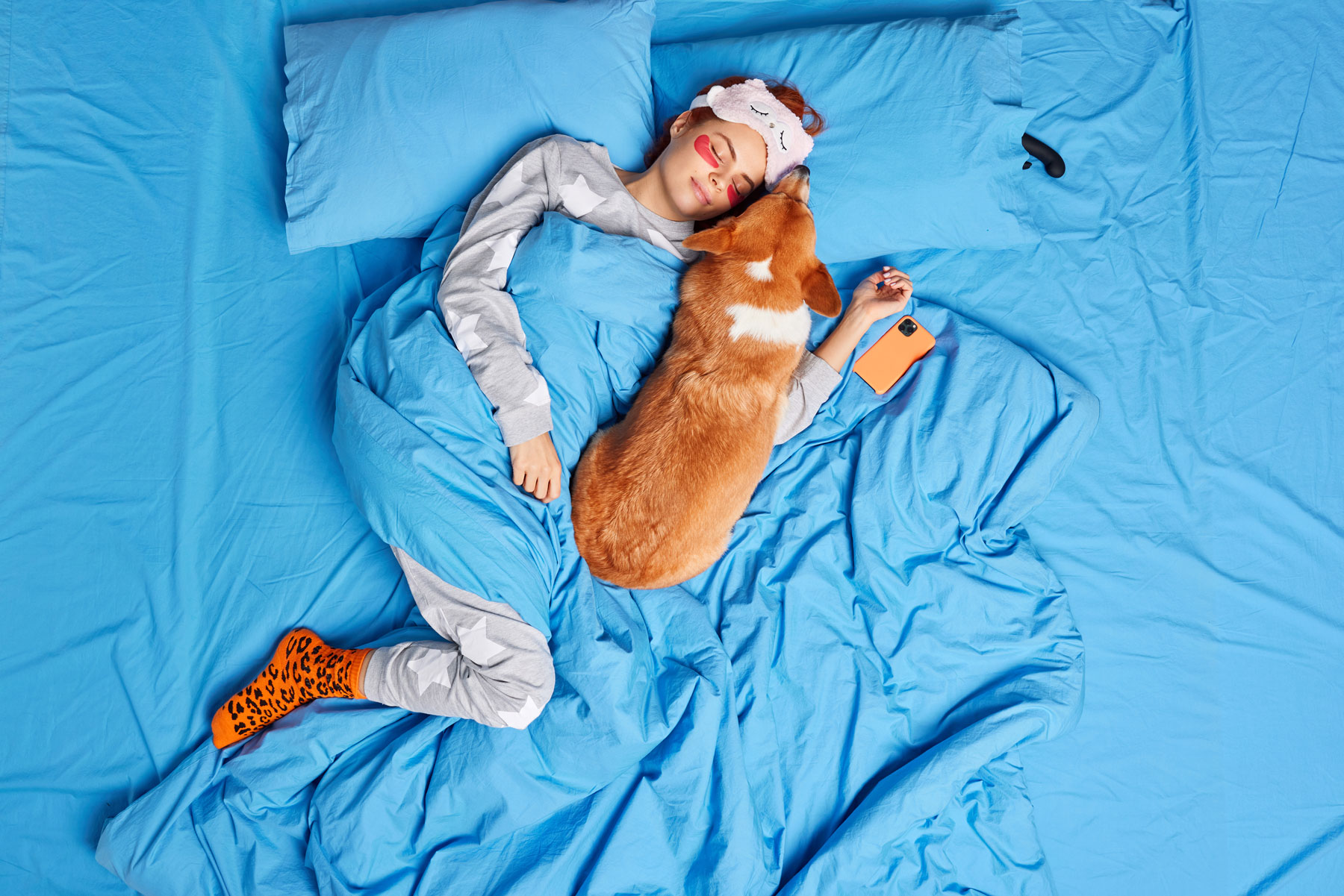 Relaxed woman sleeps peacefully in bed with corgi dog